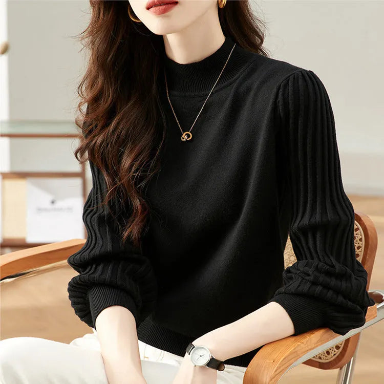 Women's slim fit half turtleneck pullover shirt in core-spun spandex with sunk stripe detailing