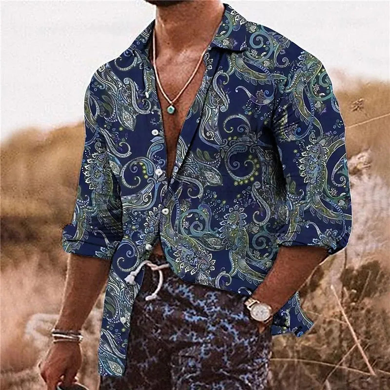 Men's loose fit polyester shirt with 3D flower pattern printing in long sleeve design