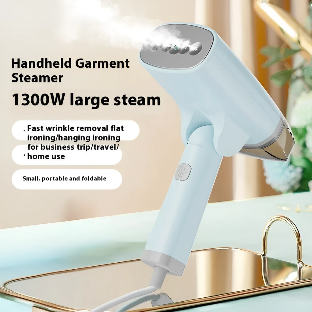 Blue and white handheld garment steamer with water tank and mechanical controls for wrinkle removal