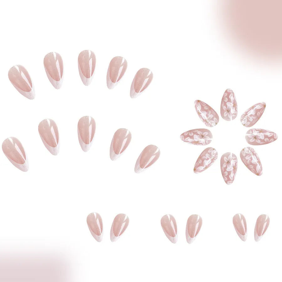 Removable artificial nails with French style glitter flowers on short almond shape in colour C625