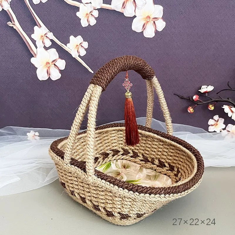 Hand-woven hemp rope basket 19x12cm in coffee brown colour with straw construction