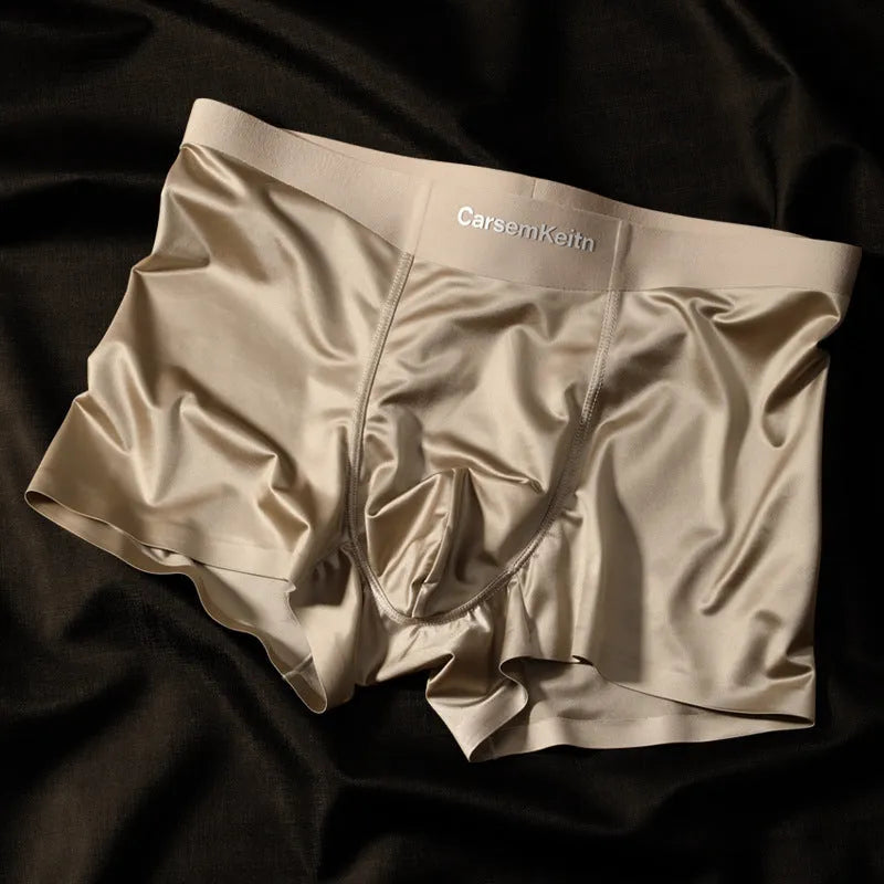 Men's colourblock Ice Silk underwear in blue, shown laid flat to display seamless design.