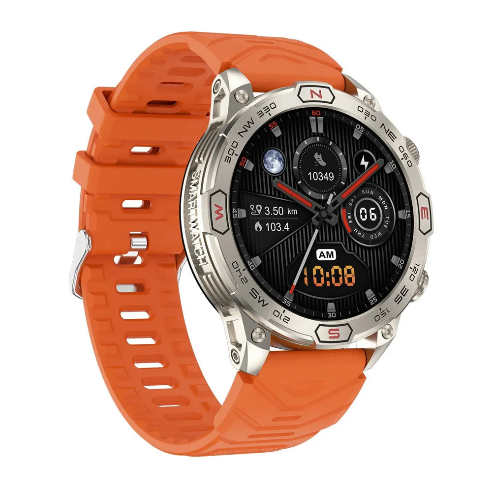 Black sports watch with 1.43-inch AMOLED screen showing weather forecast, on silicone strap