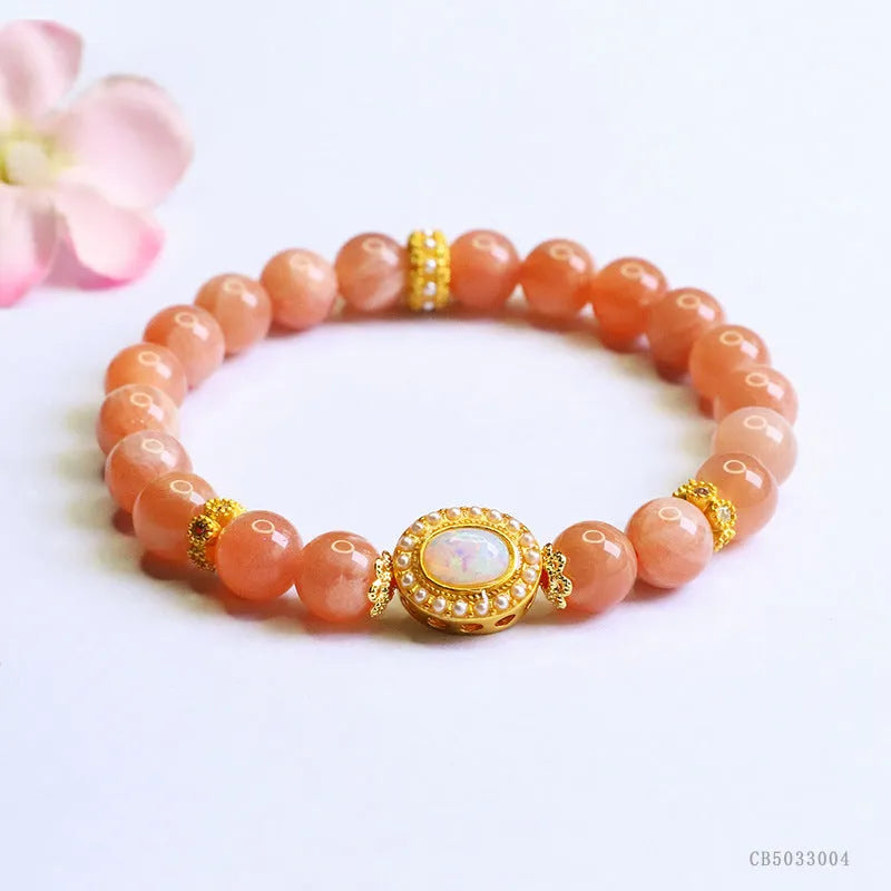 Natural orange moonlight hand-woven moonstone bracelet with 8mm round beads for women