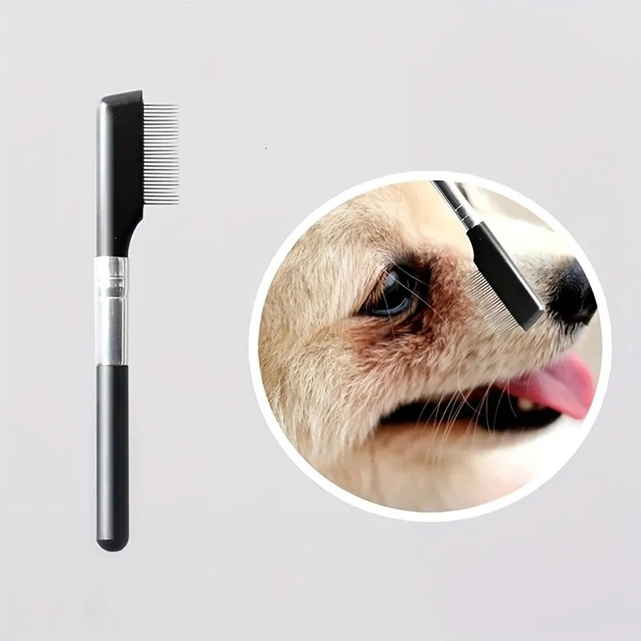Black pet grooming brush with comb for tear stain removal and hair grooming on dogs and cats