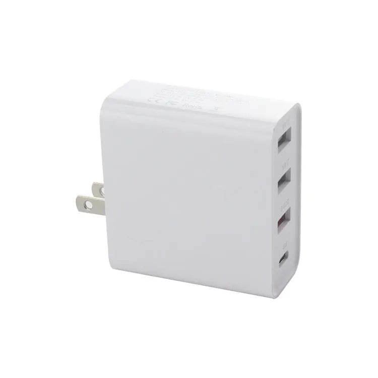 Black 48W USB-C wall charger with four ports and a UK plug on a white background.