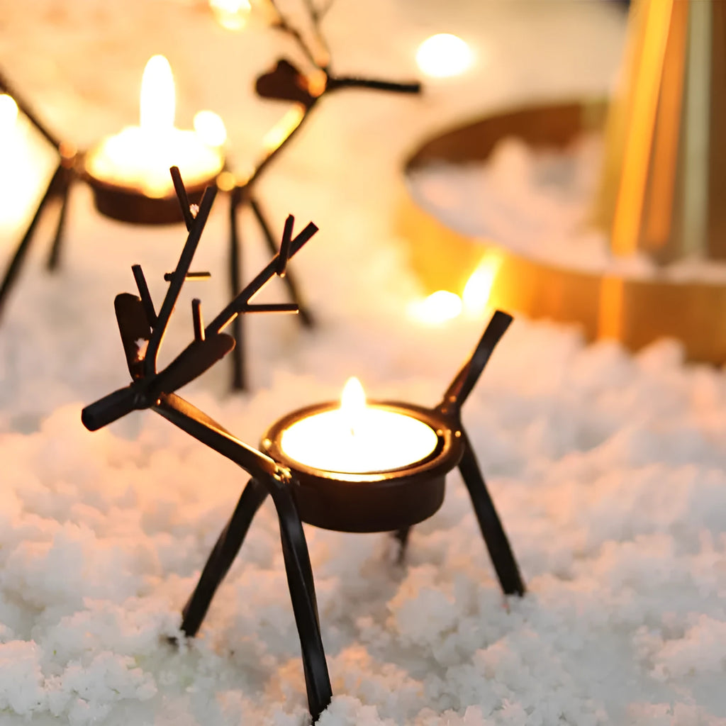 Black iron Christmas deer candlestick holder with Santa Claus and snowman decoration