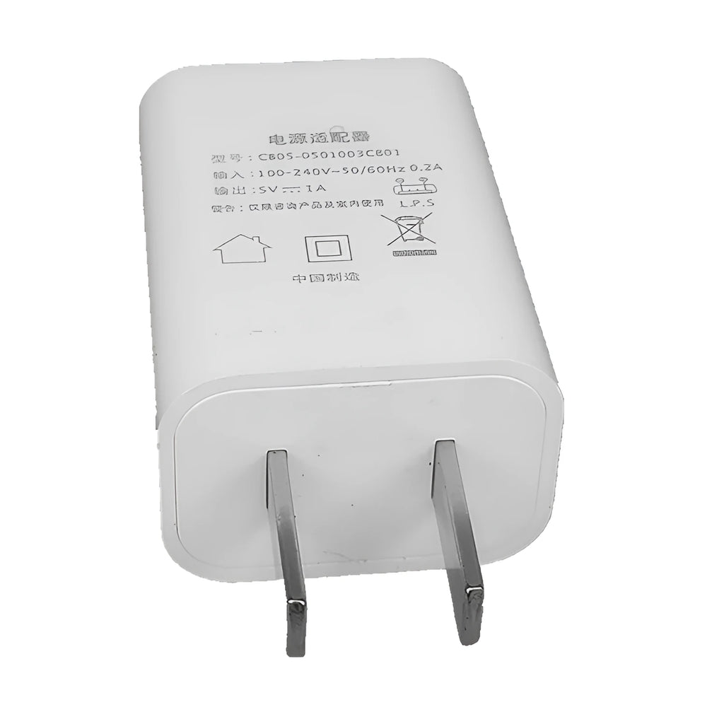 White standard power adapter with CE FCC marks and USB port for 5V charging