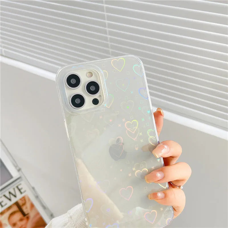 Transparent silicone iPhone case with laser colourful love design showing through to phone beneath