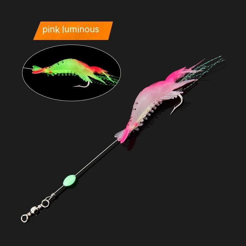 Six assorted colour Luer soft fishing lures with hooks on a blue background.