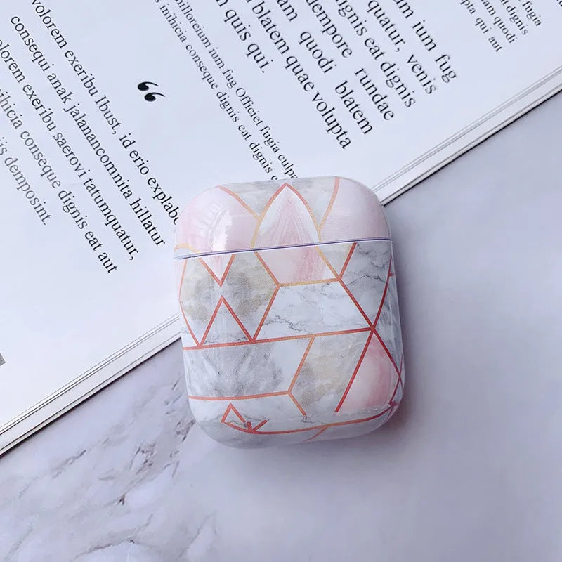 White Marble hard plastic protective case for Apple AirPods 1 and AirPods 2 wireless headset.