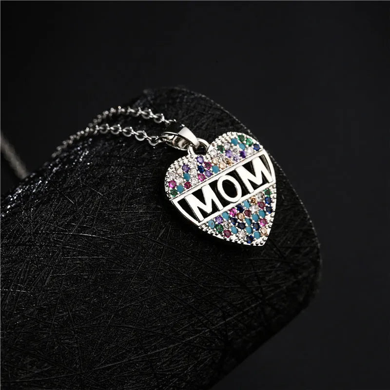 Copper peach heart MOM pendant necklace with micro inlay, gold colour, adjustable chain 21-50cm