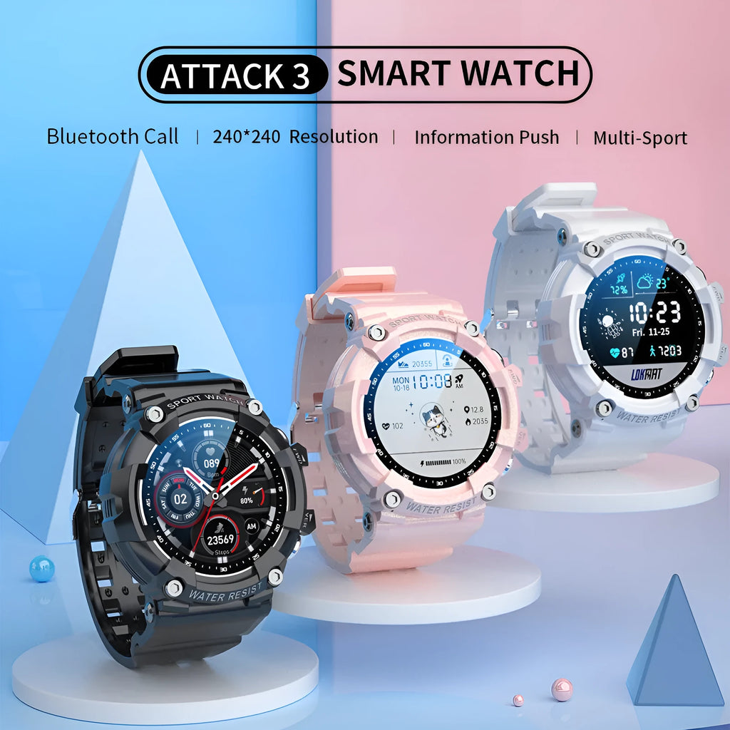 ATTACK 3 IP67 waterproof smartwatch in black, pink, or white with 1.28-inch round display