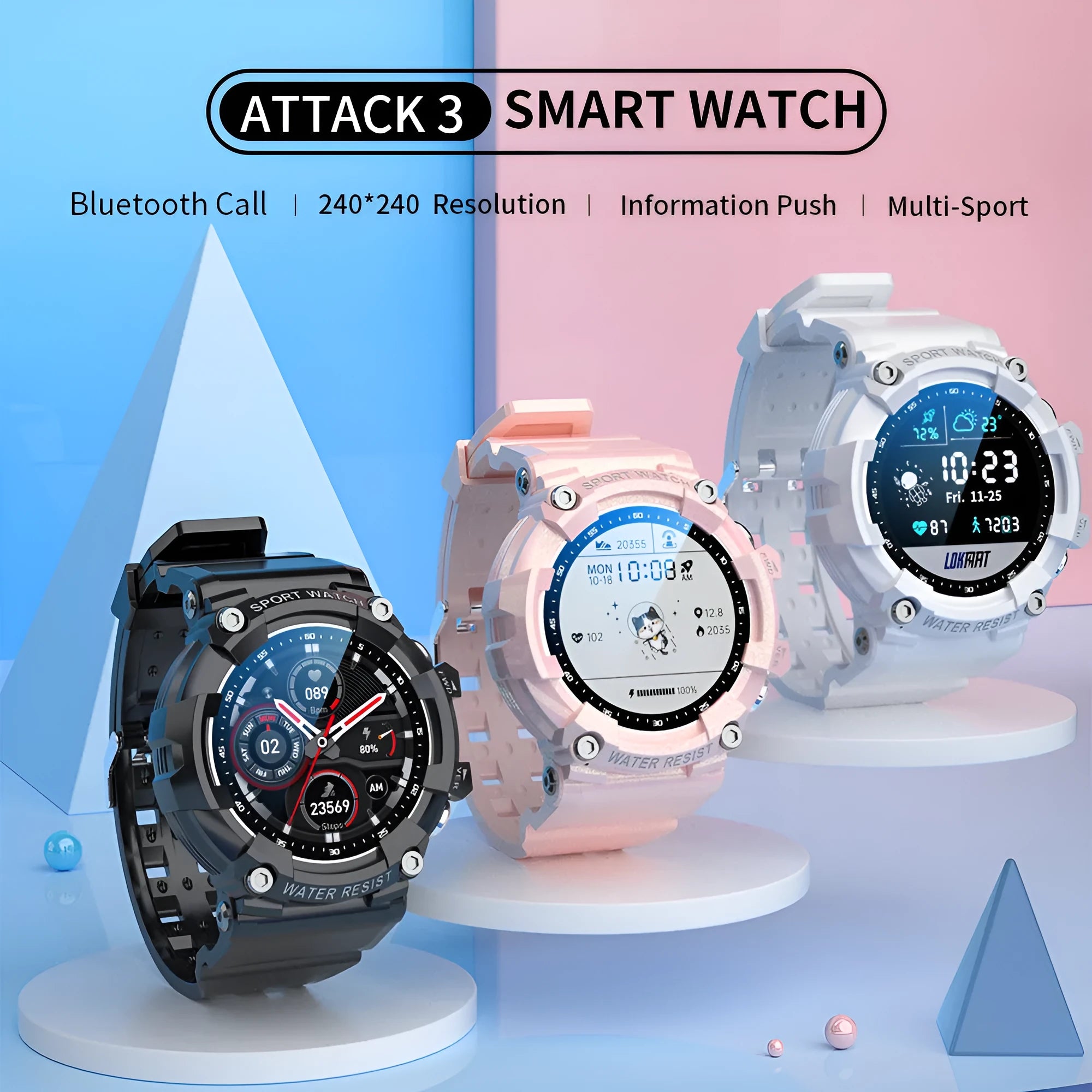 ATTACK 3 IP67 waterproof smartwatch in black, pink, or white with 1.28-inch round display