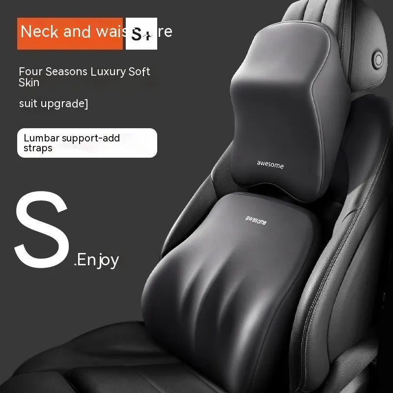 Memory foam car pillow set showing black headrest pillow and lumbar support pillow on a car seat