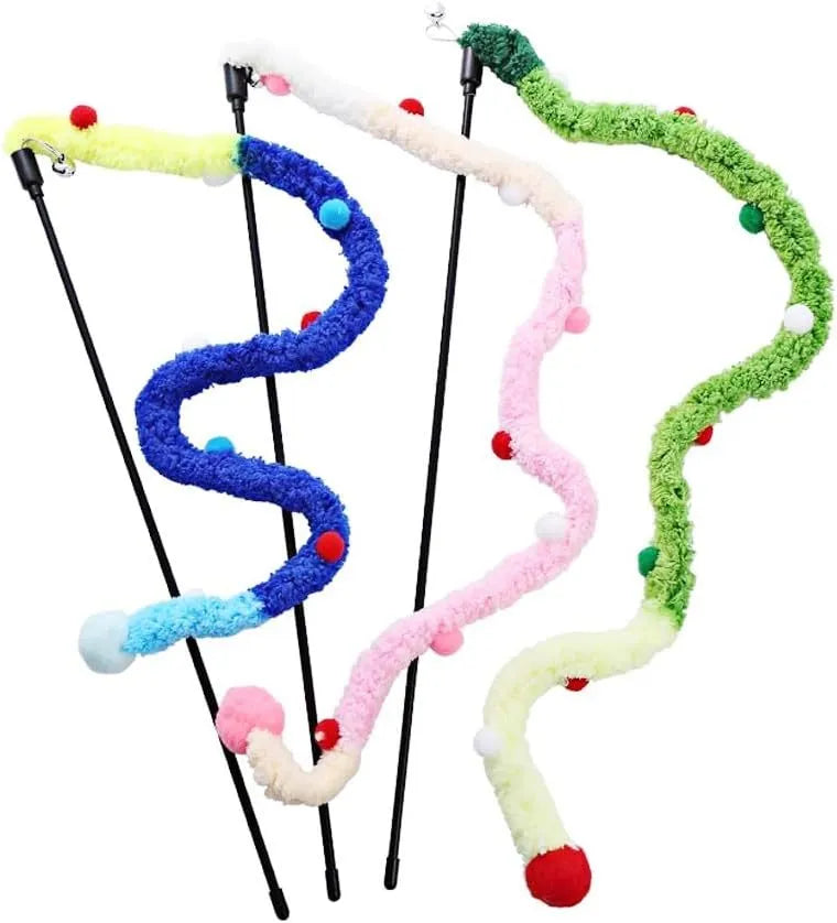 Blue cat wand toy with long plush strip and colourful ball with bells for interactive feline play