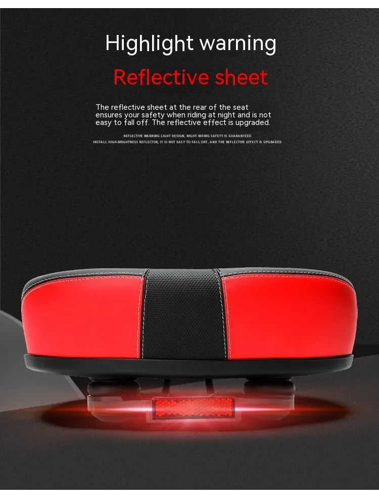 Thickened plus size mountain bike saddle in red, grey, or light brown with shock absorber and reflective stickers.