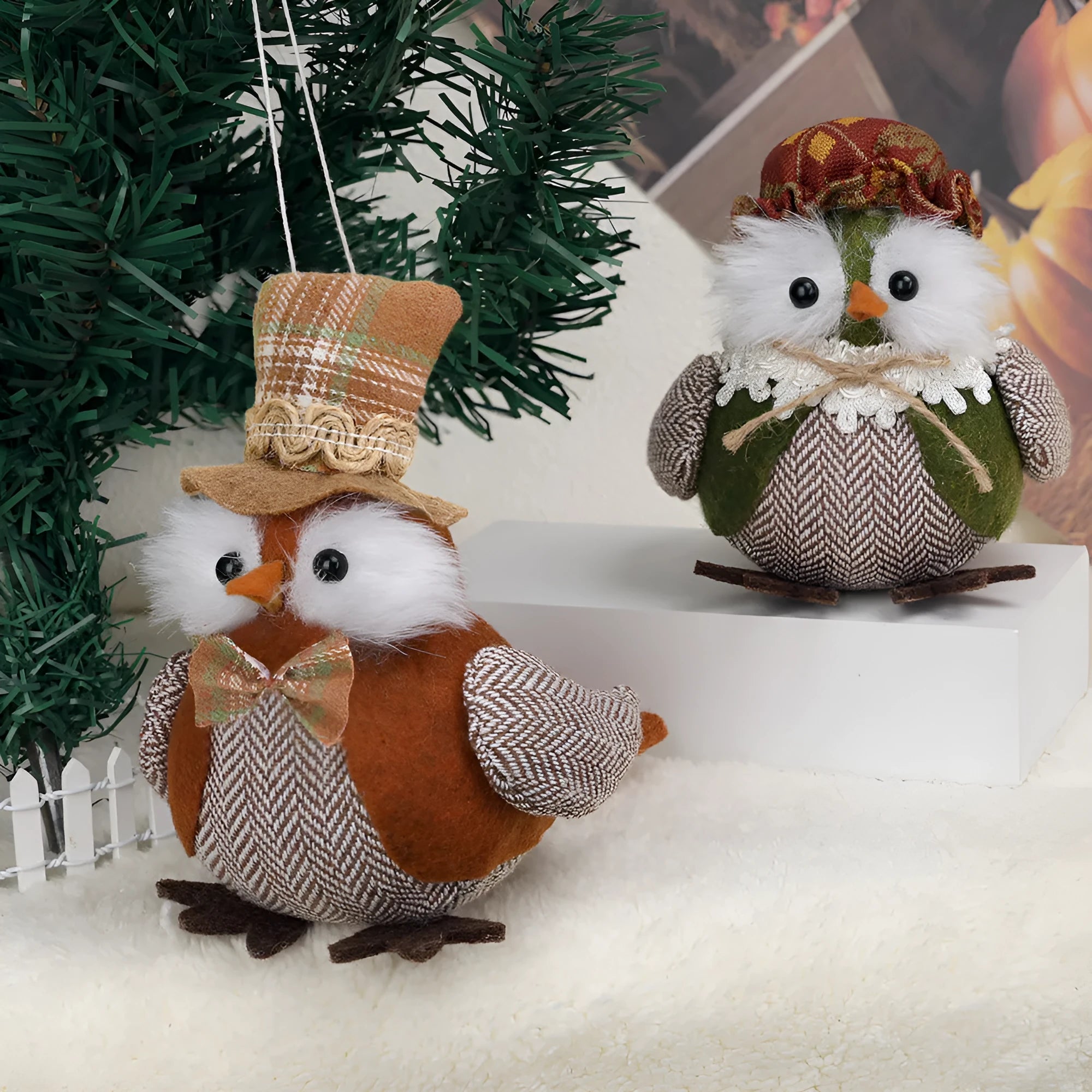 Green and orange polyester cloth owl harvest bird pendant ornament for Thanksgiving decoration.