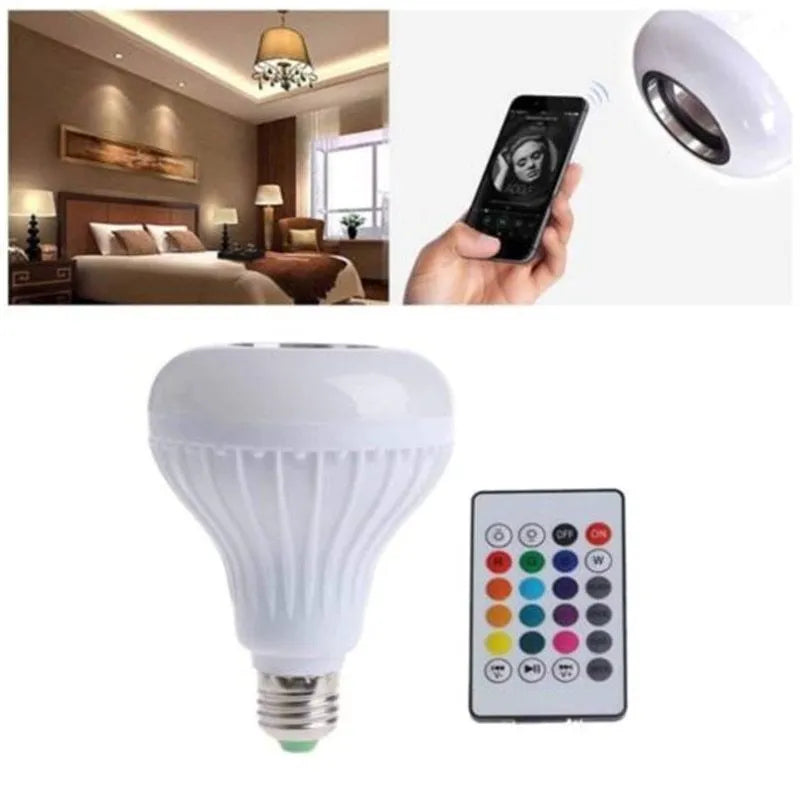 White smart LED bulb with E27 base featuring built-in Bluetooth speaker and remote control for 16 colour lighting.