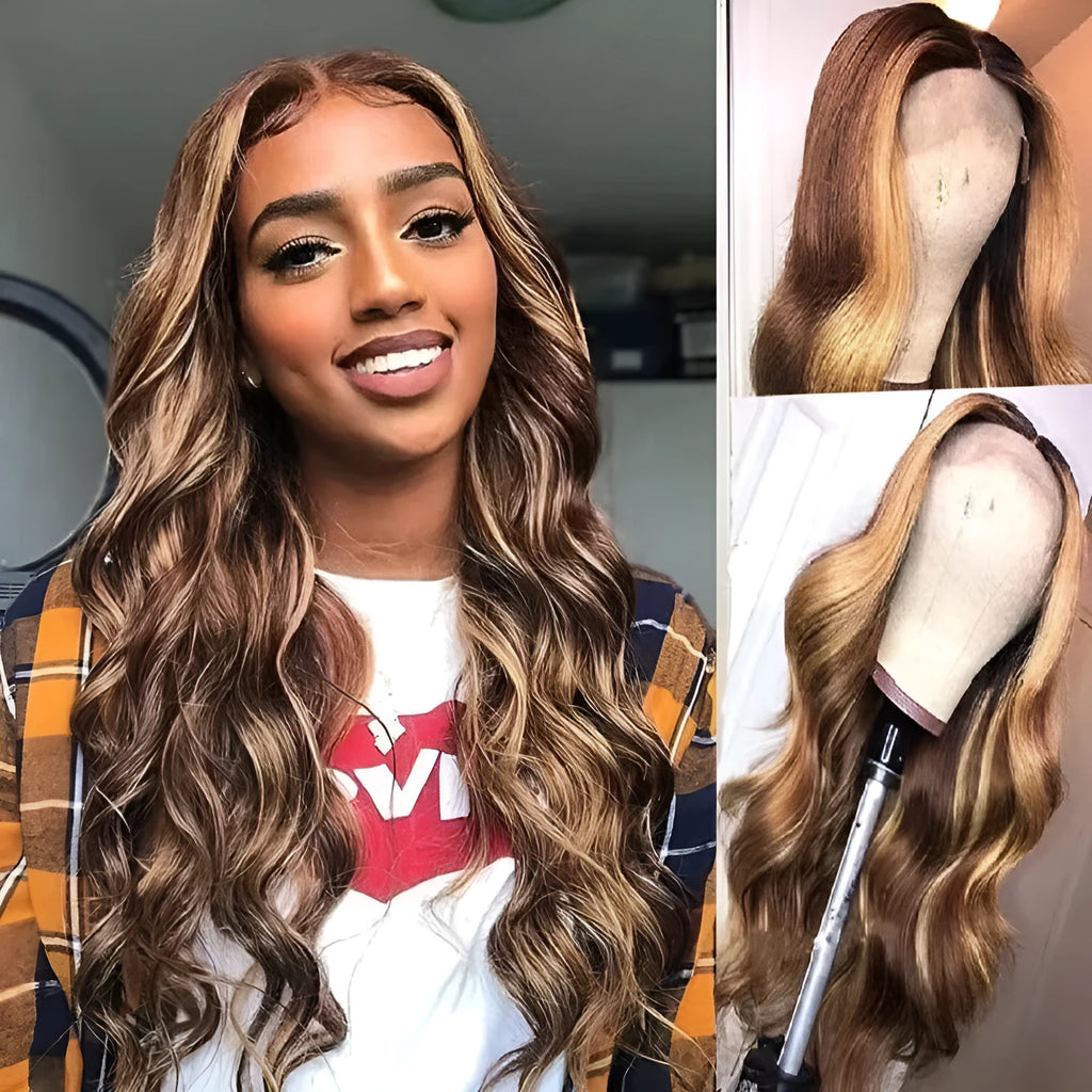 Front lace wig with African black gradient colour in a long, big wave style with side bangs.