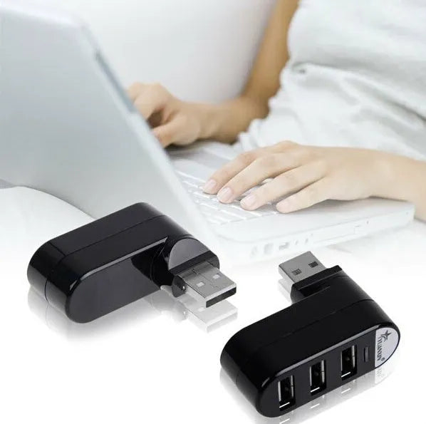 USB 2.0 hub splitter with spinning colour design in black and white colour options showing multiple connection ports
