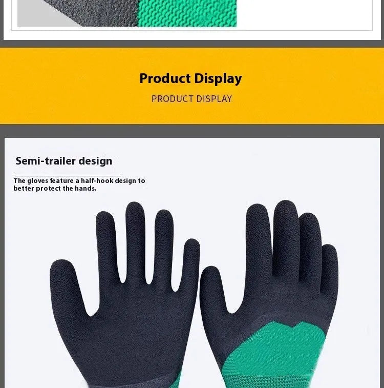 Pair of black and green wear-resistant rubber work gloves size M length 22 to 24 cm