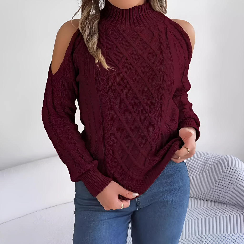 Women's strapless twist pattern sweater with half-high collar and long lantern sleeves