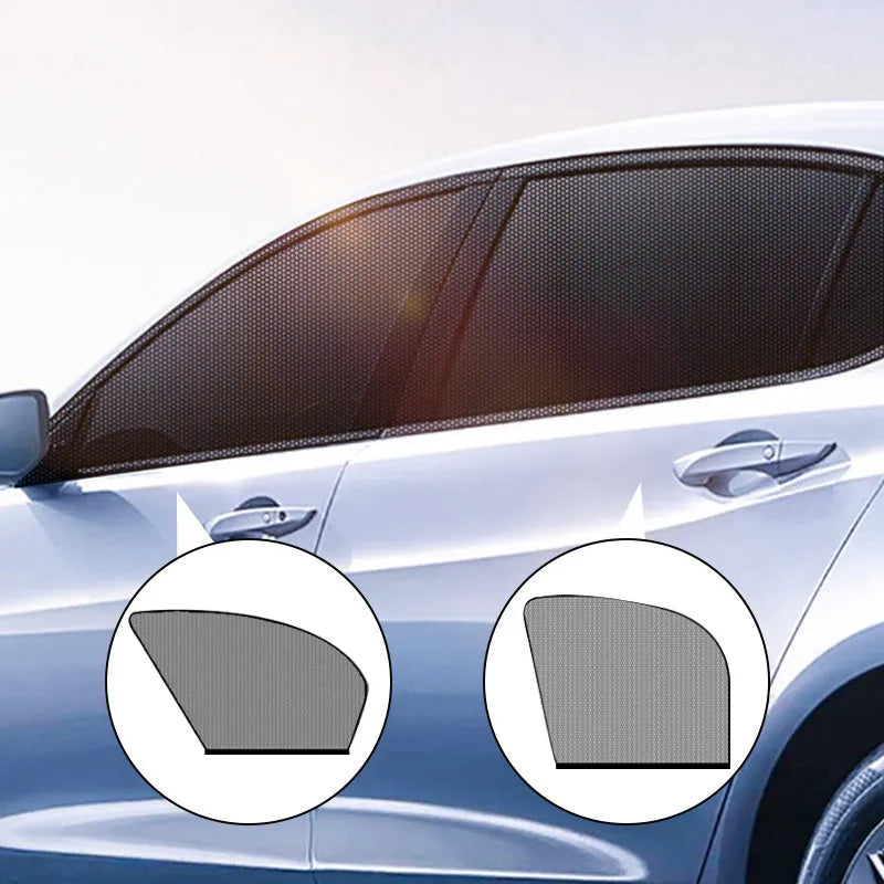Car side window mesh sunshade installed on a car door window for sun protection and mosquito prevention