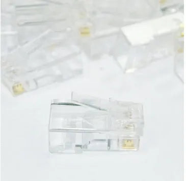 White network modular plug with all copper insert and three-fork gold-plated contacts for RJ45 connections