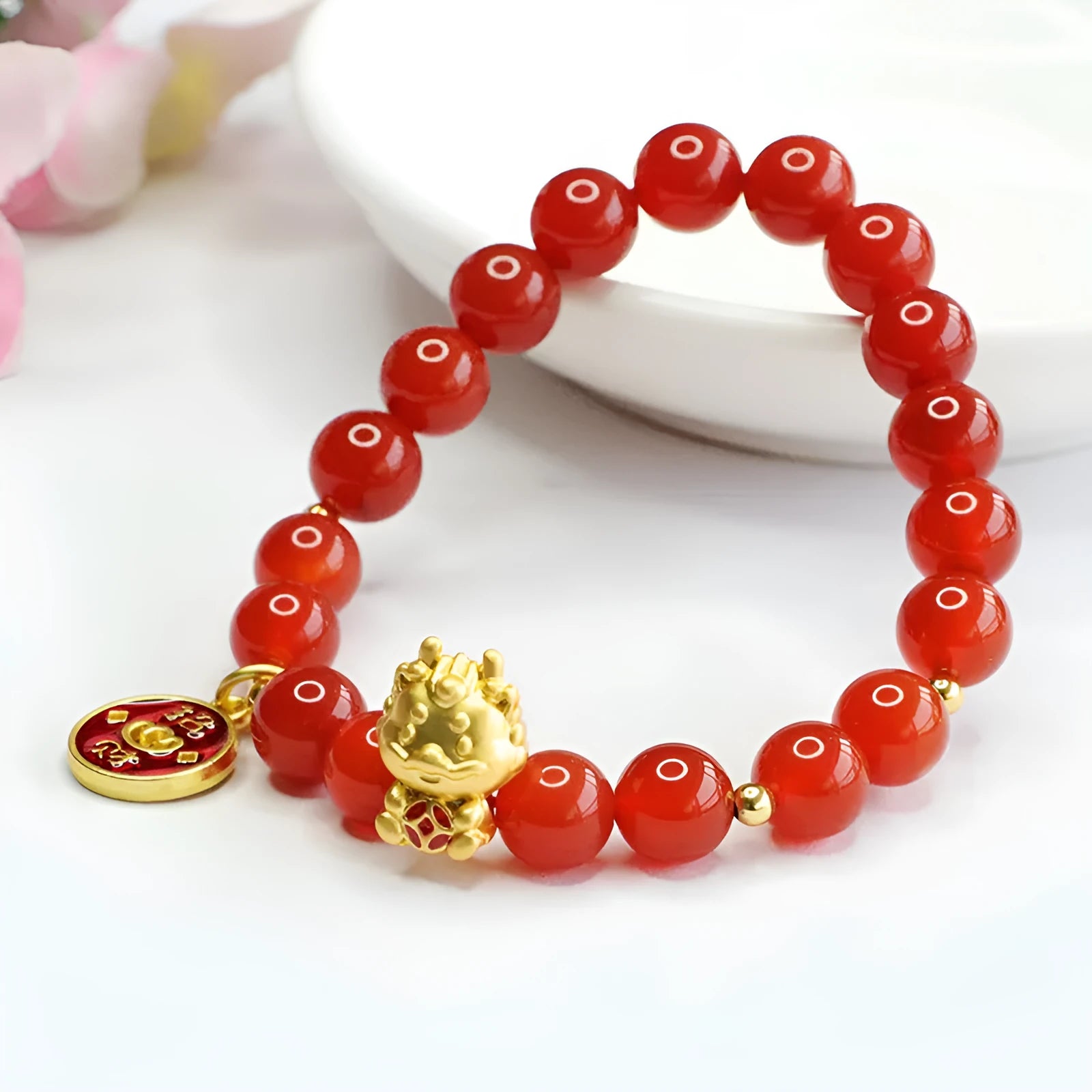 Red agate zodiac dragon bracelet with 8mm natural stone beads on white background