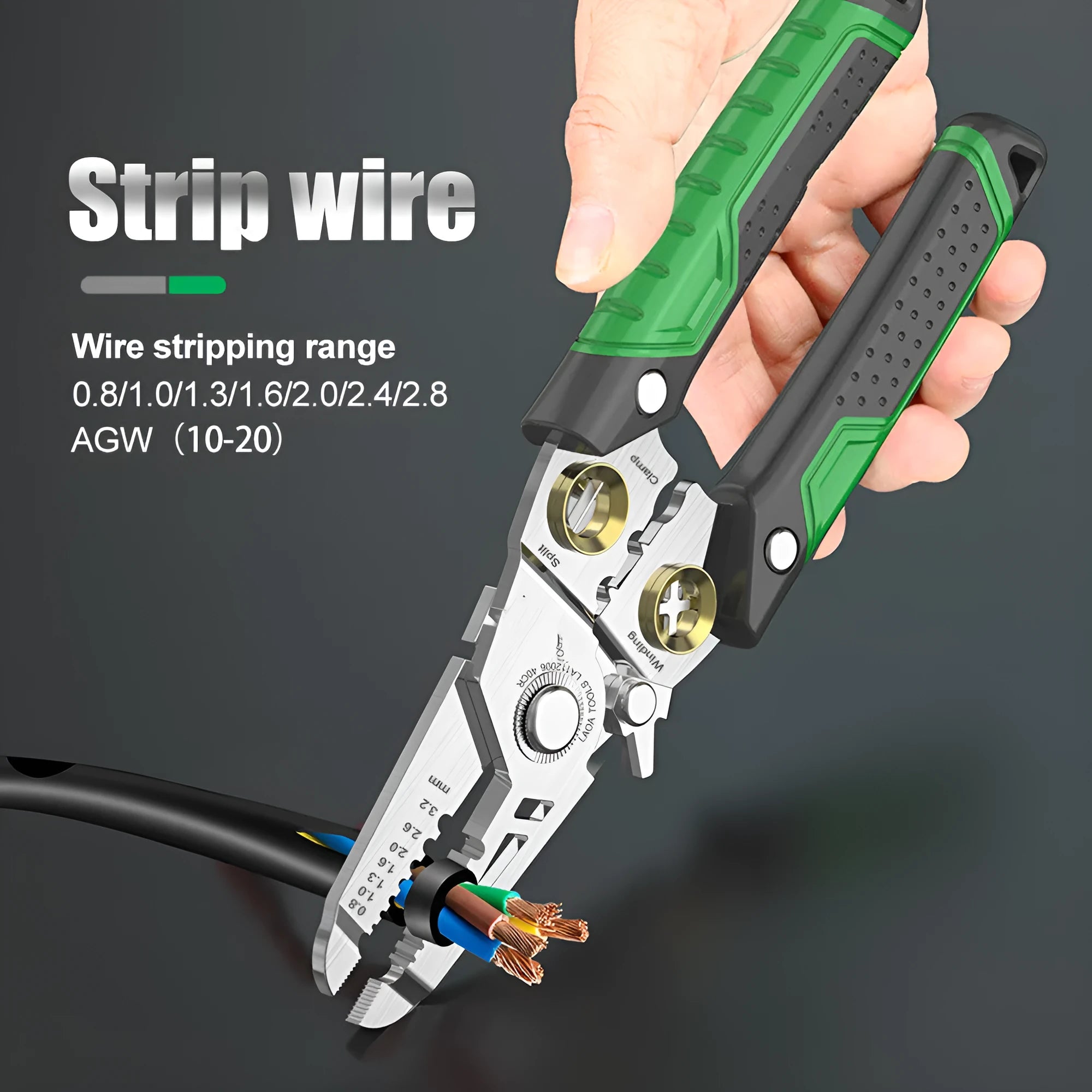 Professional 7-in-1 stainless steel wire stripper tool with two-colour handle and labelled stripping ports.