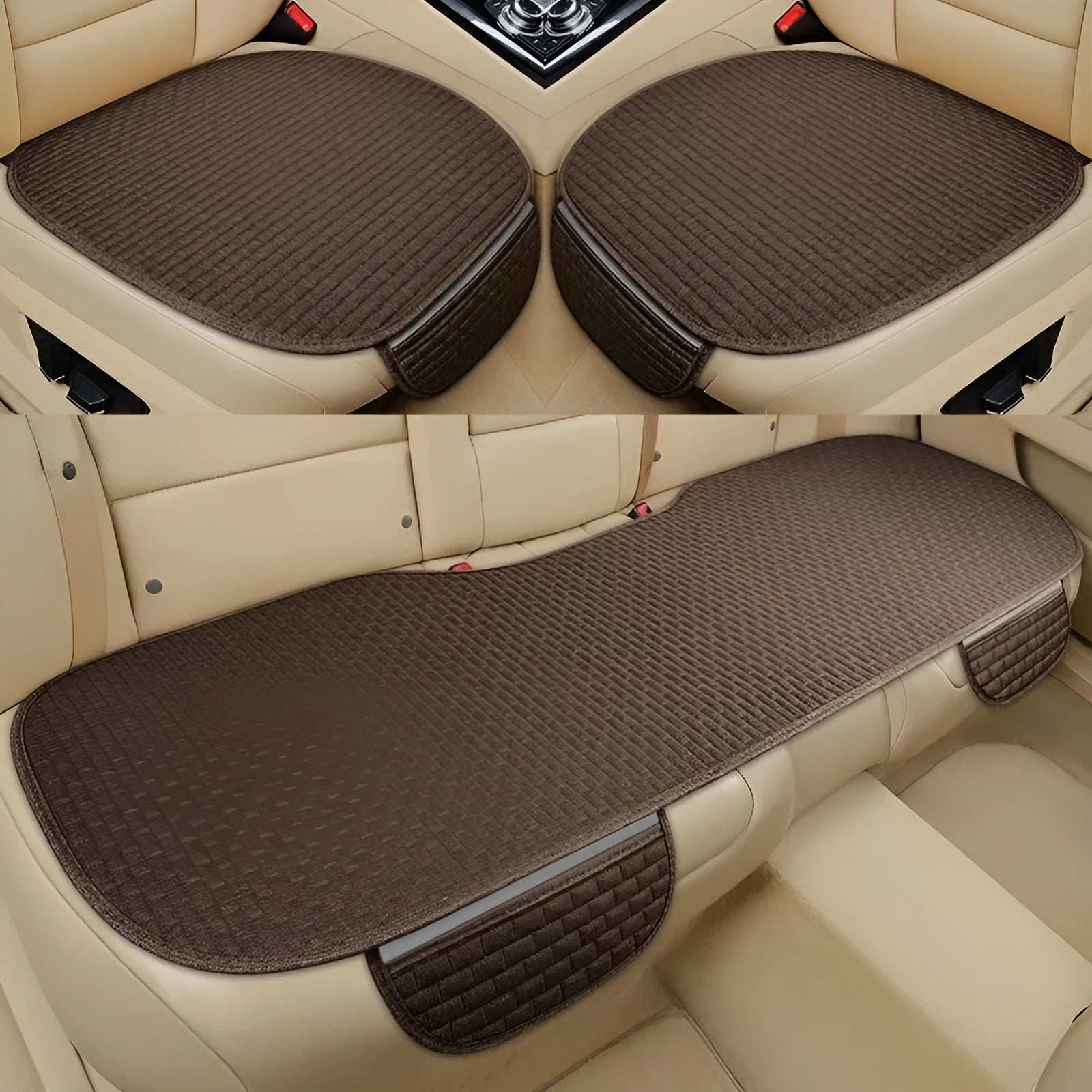Linen plaid car seat cushion shown in charm coffee colour, featuring a hemmed edge.
