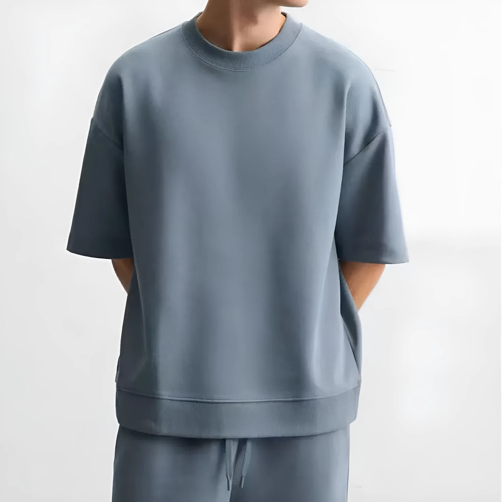 Double-sided cloth texture polyester short sleeve and shorts set in loose fit