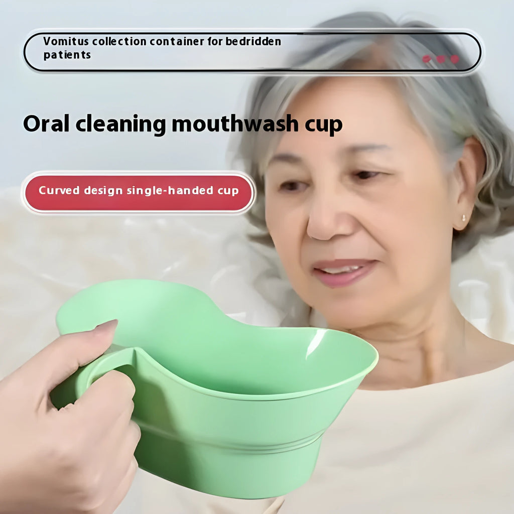 Green plastic gargle cup for bedridden patient oral care on bedside table