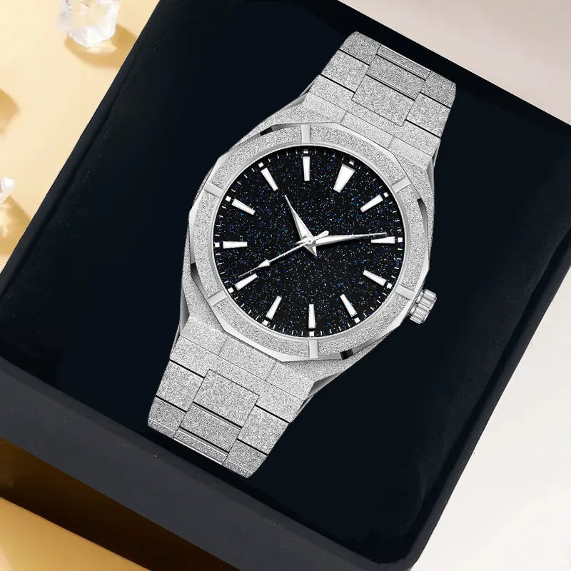 Men's frosted stainless steel business watch with luminous hands on a metal bracelet.