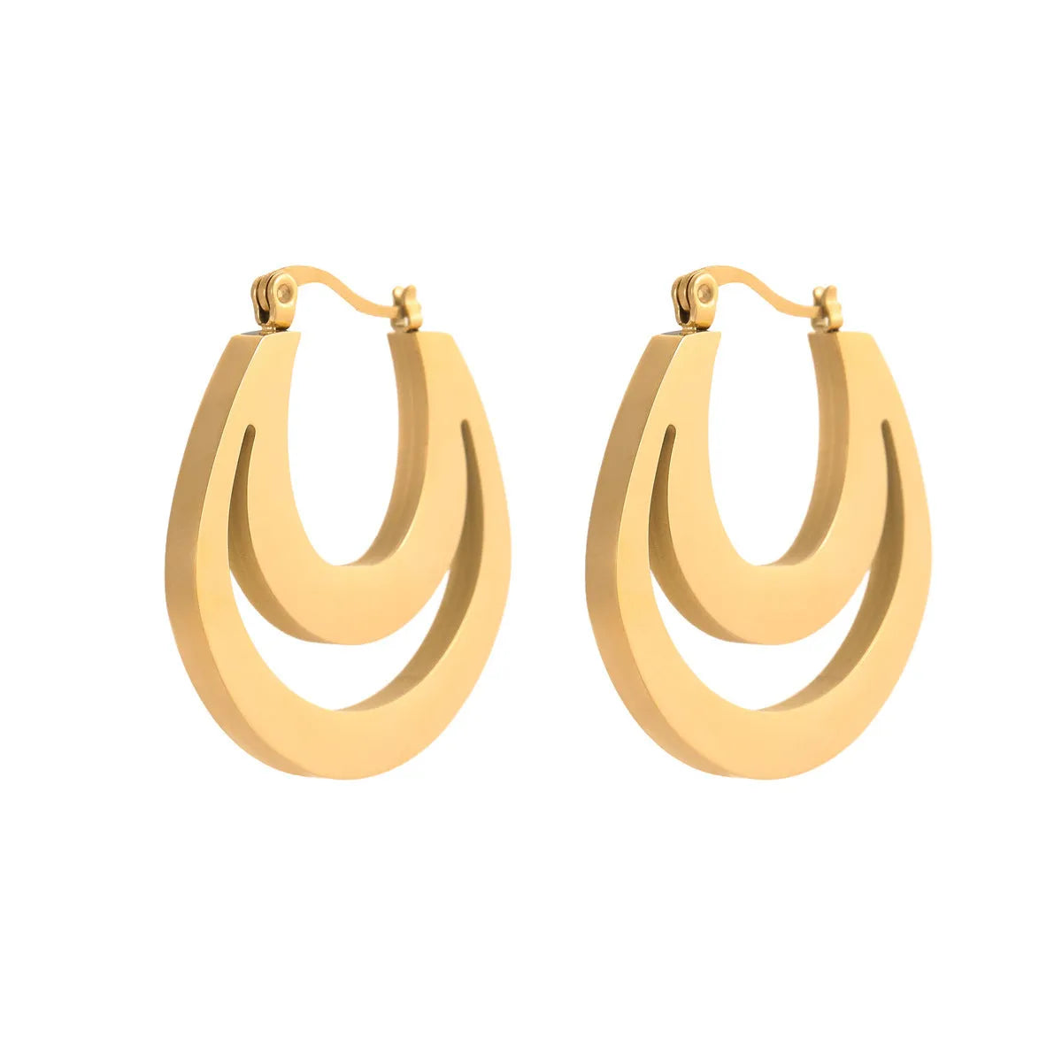 Geometric French earrings with 18K gold plating on stainless steel, featuring round ring elements in minimalist design