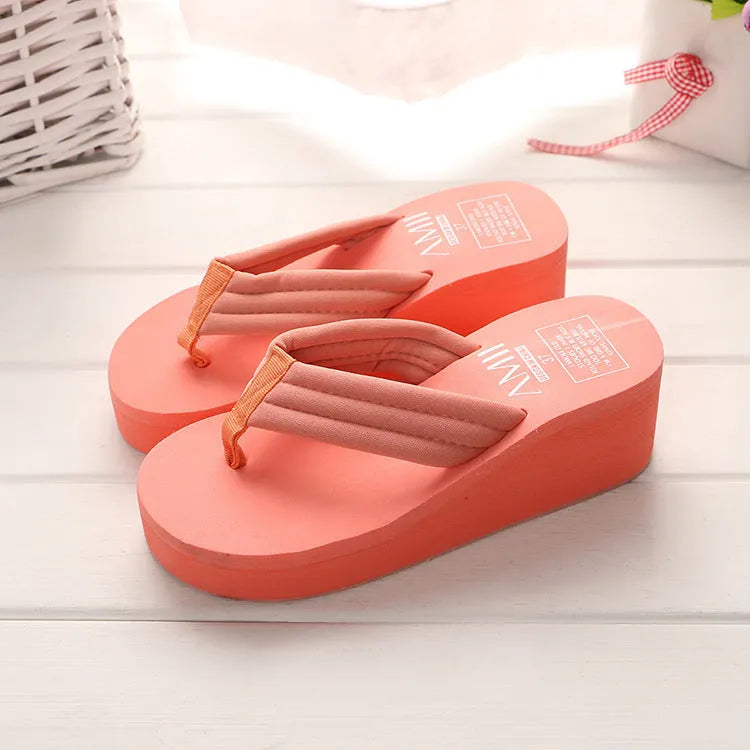 Ladies anti-skid cloth sole flip flop sandals with 6.3cm heel in pink and white muffin candy colours