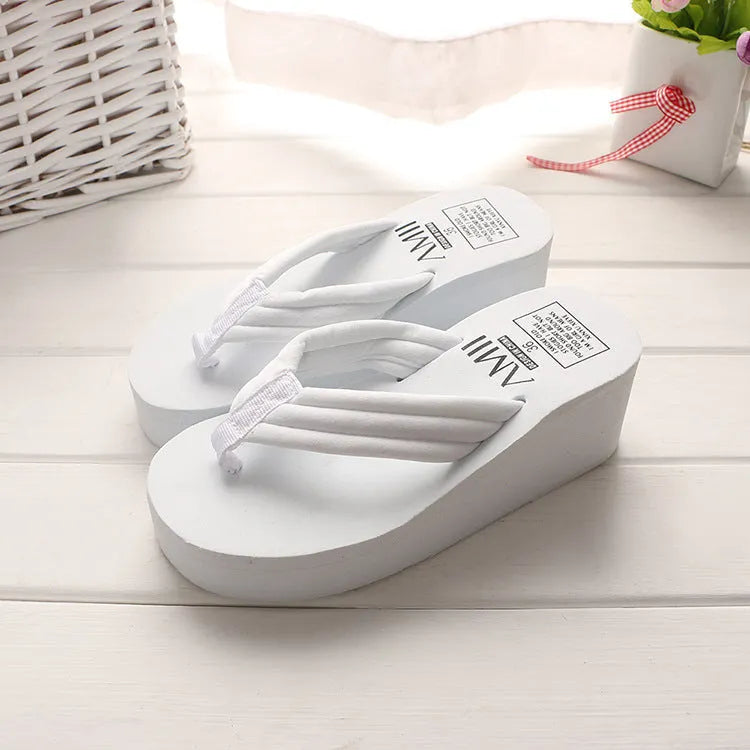 Ladies anti-skid cloth sole flip flop sandals with 6.3cm heel in pink and white muffin candy colours