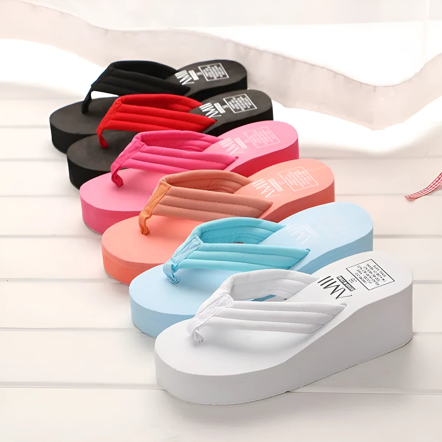 Ladies anti-skid cloth sole flip flop sandals with 6.3cm heel in pink and white muffin candy colours