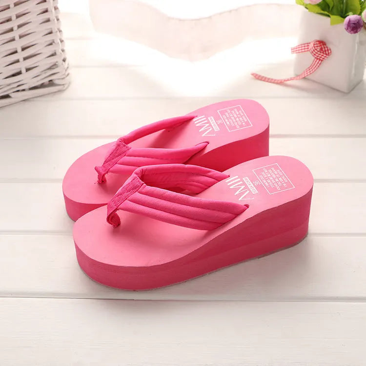 Ladies anti-skid cloth sole flip flop sandals with 6.3cm heel in pink and white muffin candy colours