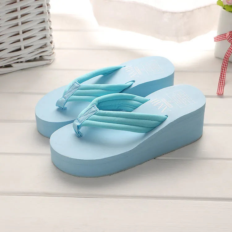 Ladies anti-skid cloth sole flip flop sandals with 6.3cm heel in pink and white muffin candy colours