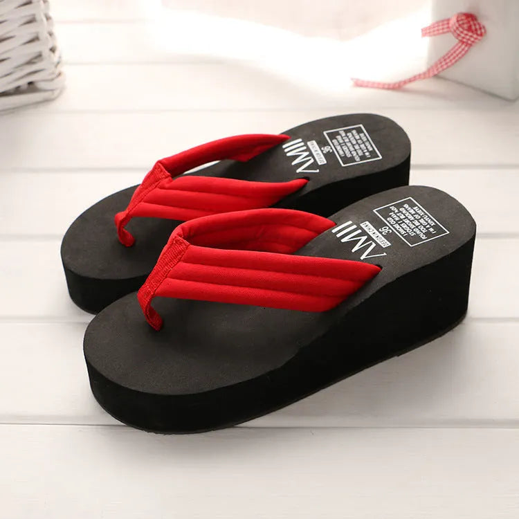 Ladies anti-skid cloth sole flip flop sandals with 6.3cm heel in pink and white muffin candy colours
