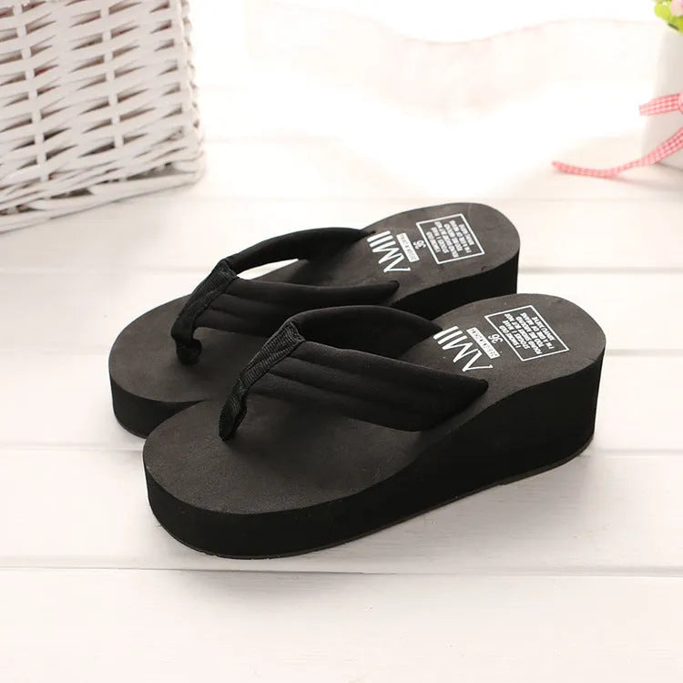 Ladies anti-skid cloth sole flip flop sandals with 6.3cm heel in pink and white muffin candy colours