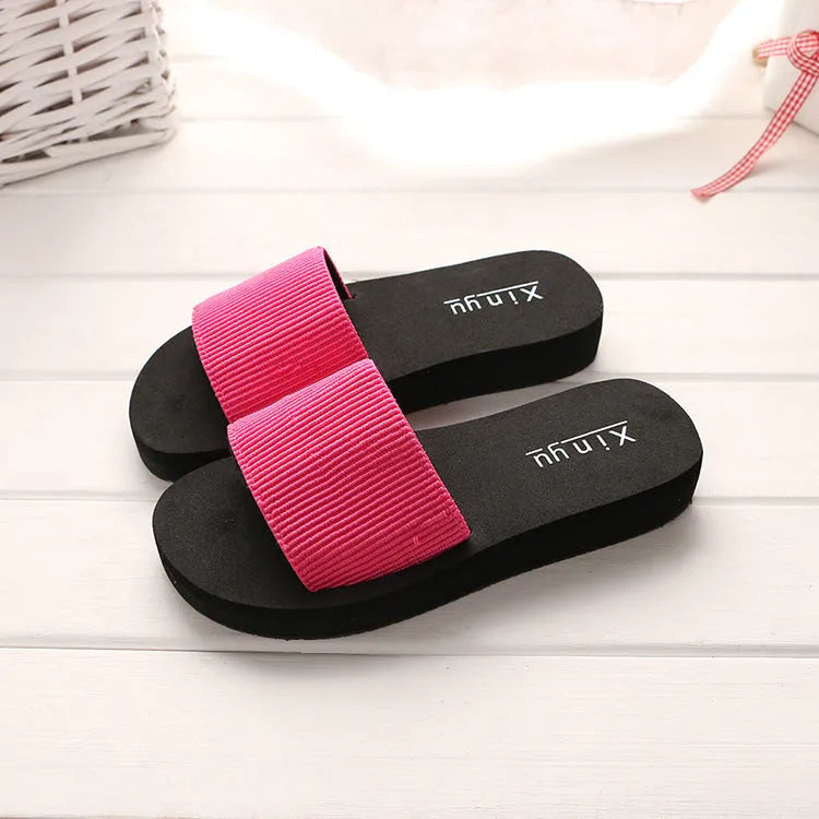 Ladies anti-skid cloth sole flip flop sandals with 6.3cm heel in pink and white muffin candy colours