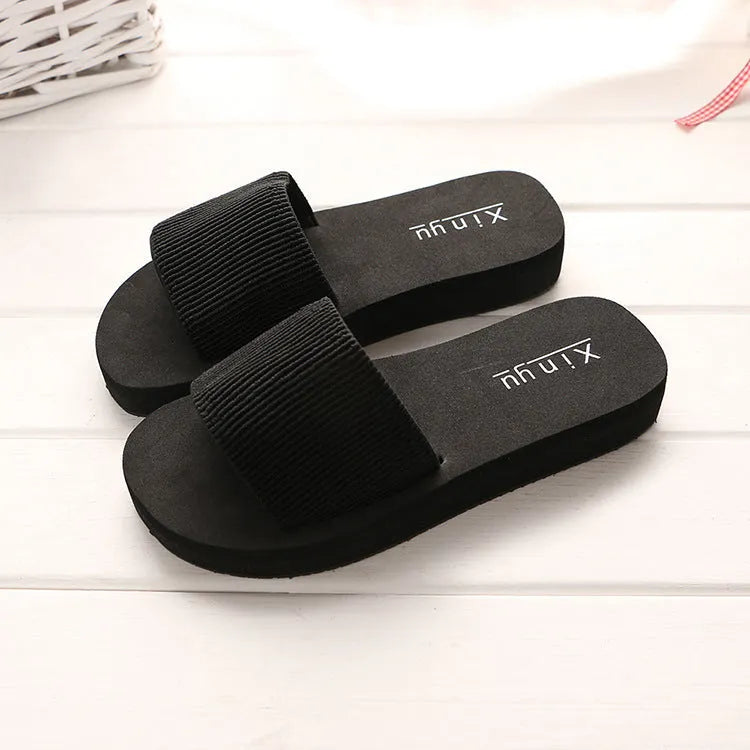 Ladies anti-skid cloth sole flip flop sandals with 6.3cm heel in pink and white muffin candy colours