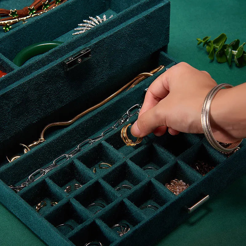 Large capacity multi-layer wooden jewellery storage box in green with dimensions 26x26x12.5cm