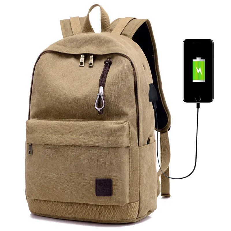 Canvas USB rechargeable backpack in coffee colour showing laptop pocket and zipper compartment