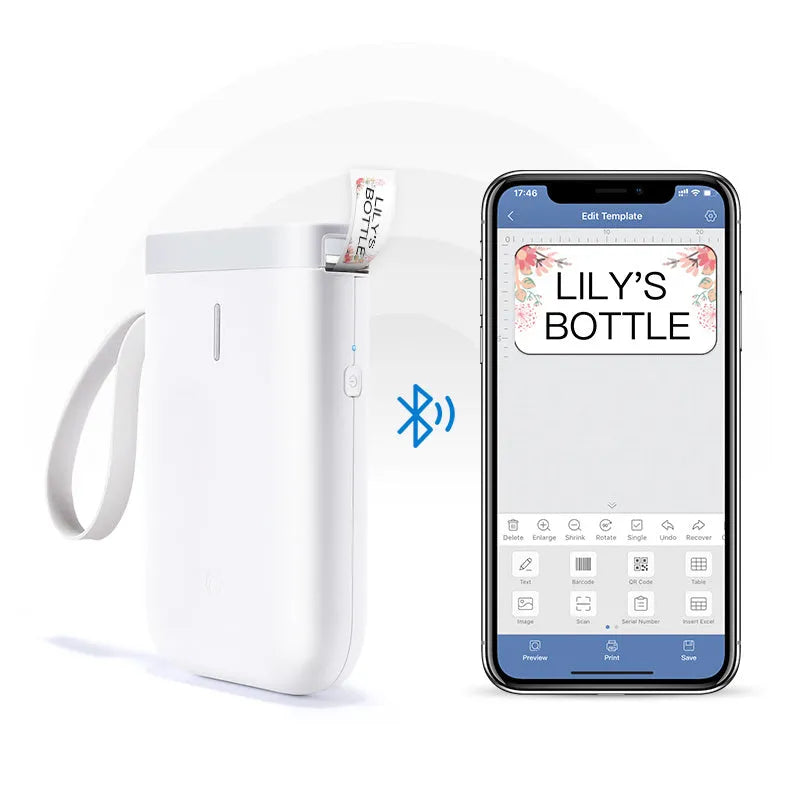 D11 compact black Bluetooth thermal label printer with LCD screen on a desk.