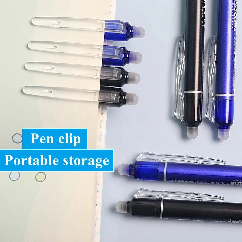 Hot erasable push gel pen with 0.5mm stainless steel nib and plastic shell in blue or black refill options