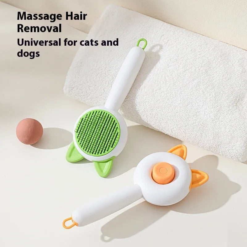 Self-cleaning cat comb grooming tool in greenish white colour with PP, TPR and stainless steel construction